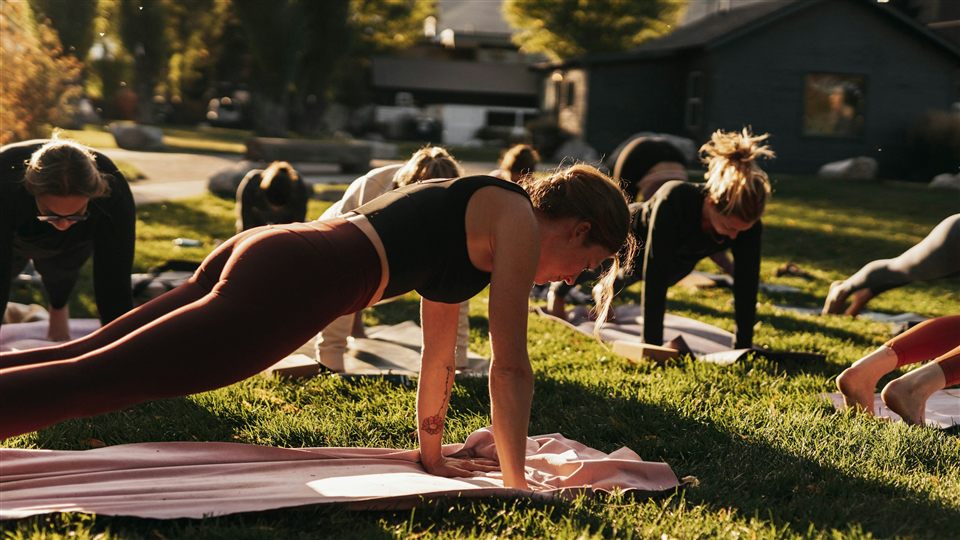 A group doing a plank exercise outdoors on grass
